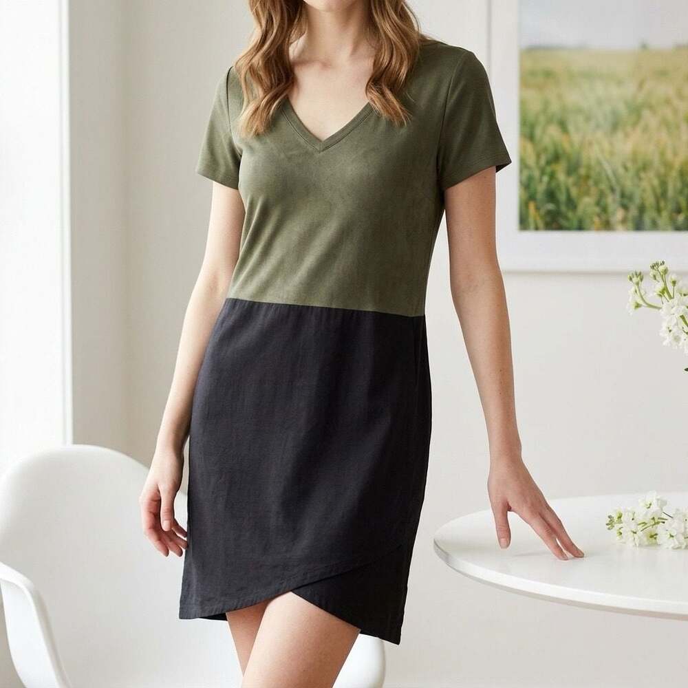 Dolan Left Coast Collection Colorblock V-Neck Shift Dress in Olive and Black
